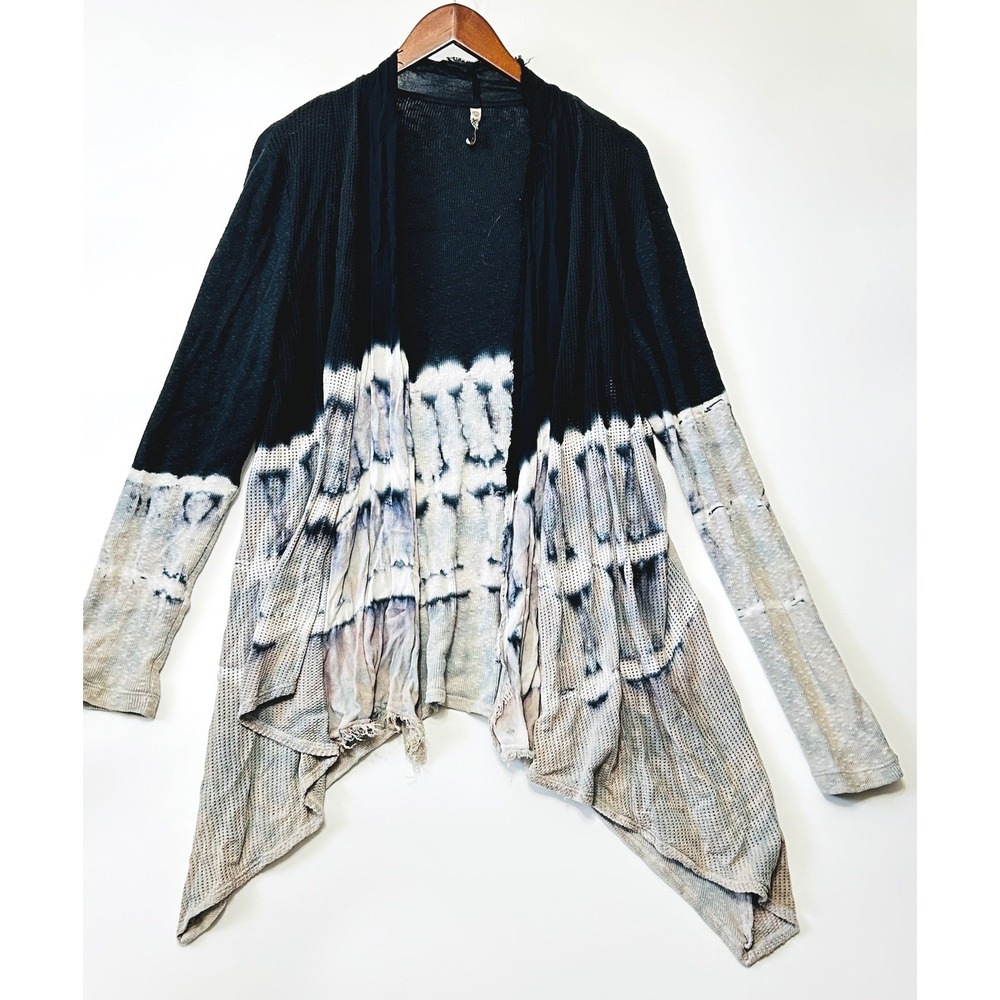 XCVI Tie Dye‎ Cardigan Womens Large Black Grey Waffle Knit Raw Hem Frayed Edgy L